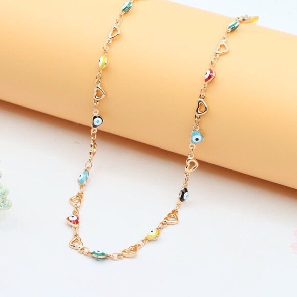 Rose Gold Plated Heart & Multicolor Evil Eye Necklace, XPNL0276 - Picture 10 of 12
